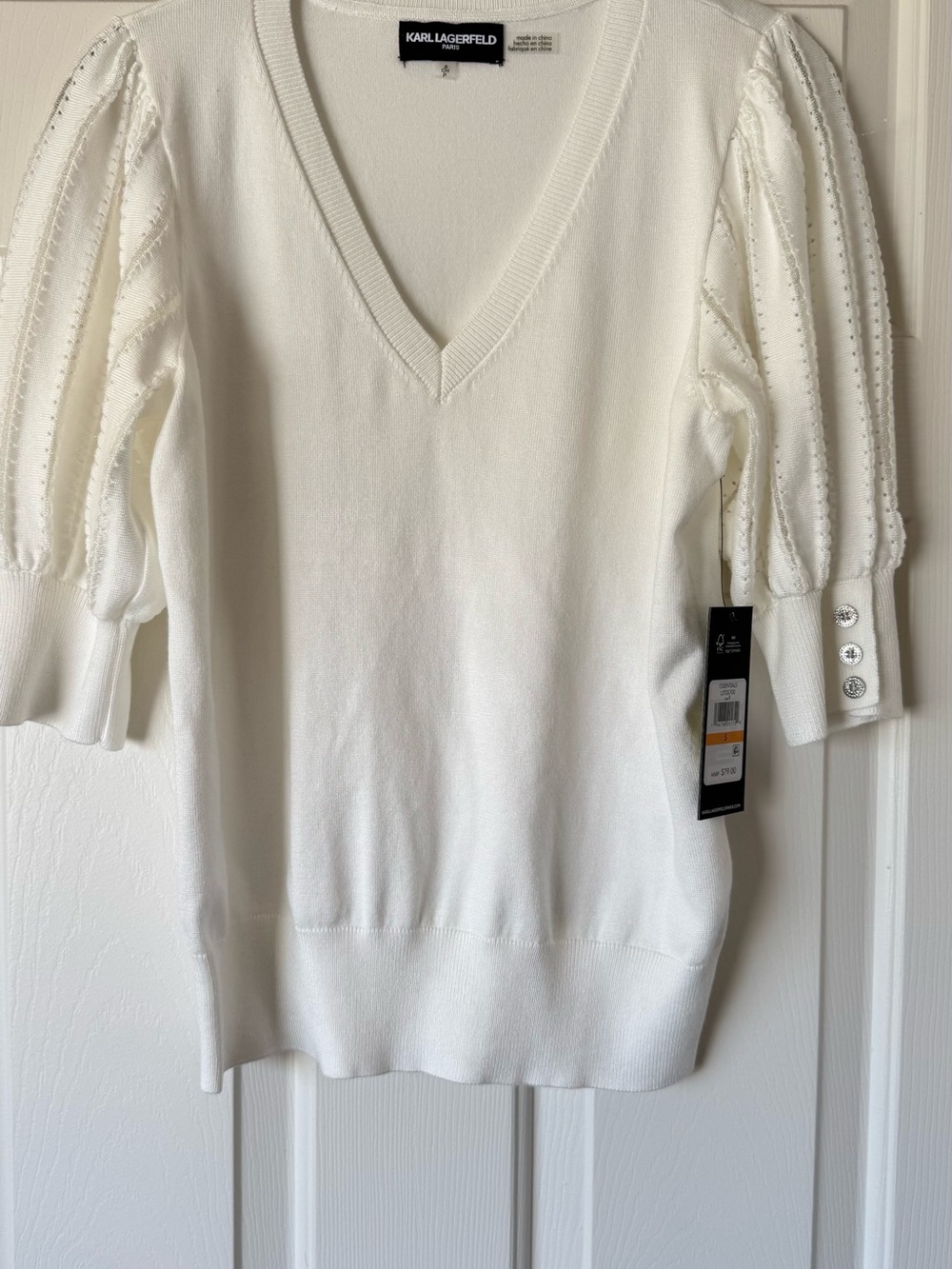 Karl Lagerfeld Cream V-Neck Puff Sleeve Sweater